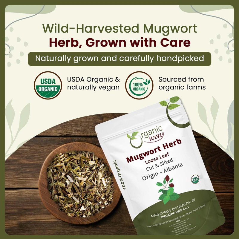 Organic Way Mugwort Herb Loose Leaf Cut & Sifted (Artemisia Vulgaris) Herbal Tea | Kosher & USDA Certified | Vegan, Non-GMO & Gluten Free | Raw from Albania (16 Ounce (pack of 1))