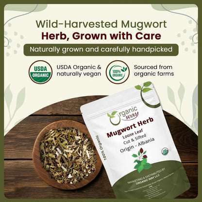 Organic Way Mugwort Herb Loose Leaf Cut & Sifted (Artemisia Vulgaris) Herbal Tea | Kosher & USDA Certified | Vegan, Non-GMO & Gluten Free | Raw from Albania (16 Ounce (pack of 1))