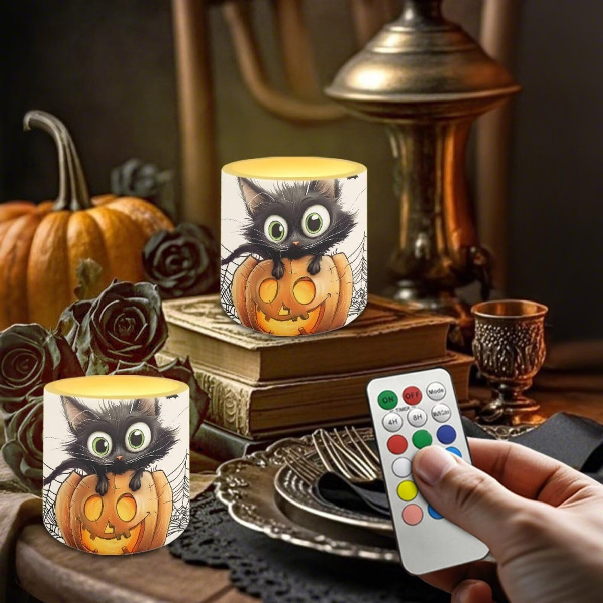 Merkmak Pack of 4 Halloween Flameless Candles with Remote Battery Operated Candles with Timer Flickering LED Elictric Pillar Tealights for Indoor Outdoor Home Decor, Spider Web Black Cat Bat