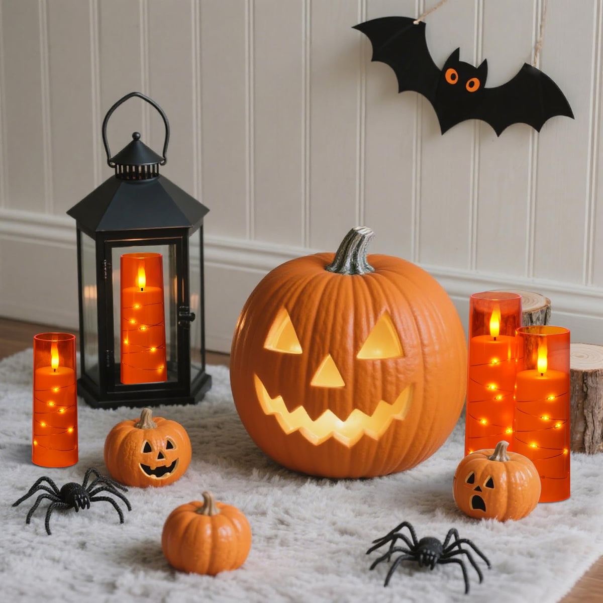 Raycare Flameless Candle with Remote Timer – 9 Flickering Acrylic Battery Operated LED Pillar Candles with Embedded Star String for Halloween, Home Decor, and as a Gift (Orange)
