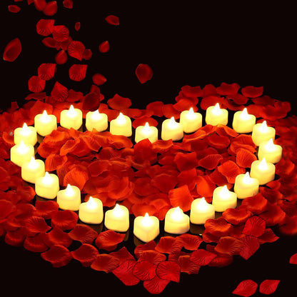 Pyrrhiax 2000PCS Silk Rose Petals with 24 LED Tea Lights Candles, Romantic Night Decoration Set, Romantic Valentine, Wedding Anniversary, Send her and him Memories (Red)