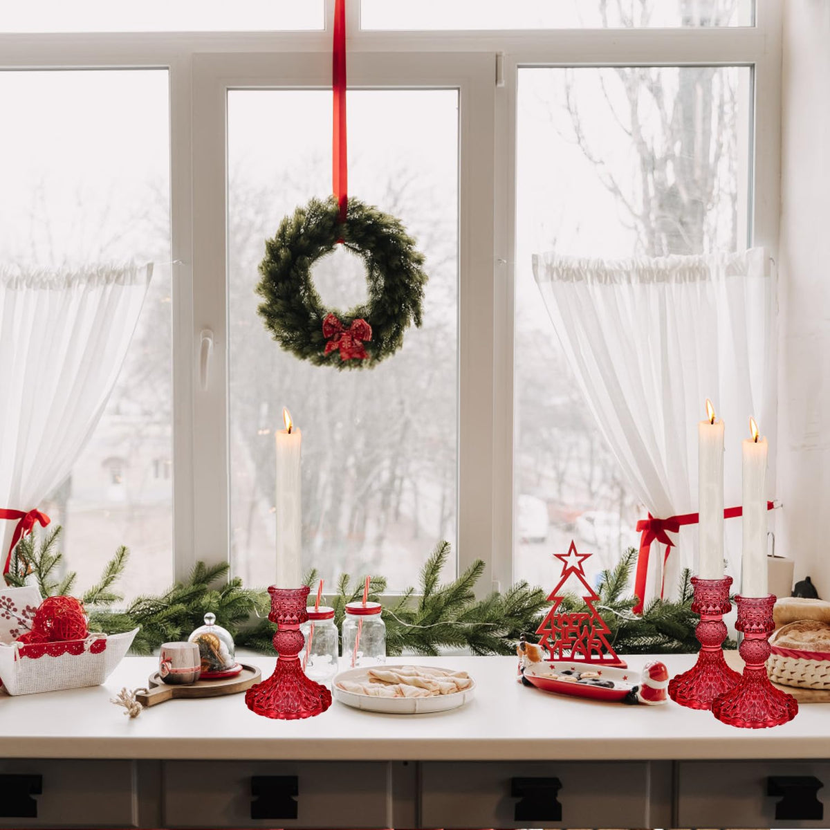 Glass Candlestick Holders Set of 2，Taper Candle Holders Fit 0.8 Inch Candles, Crystal Decorative Candle Stand Centerpiece for Table Wedding Dinning Party 4 Inch Tall (Red)