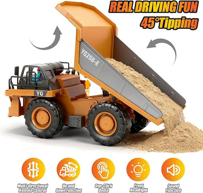 HuiJuKeJi Remote Control Dump Truck - 360° Rotating Metal Bed 9-Channel RC Construction Toy for Indoor Outdoor Play Rechargeable with Lights &amp Sounds for Kids Ages 6+