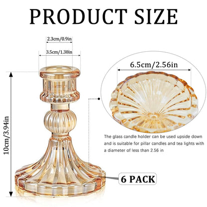 6 Pack Glass Taper Candlestick Holders, Gold Candlestick Holders, 4" H Stripe Crystal Candle Holders Decorative Candle Stand Centerpiece for Wedding, Festival, Dinning Party Table Decor