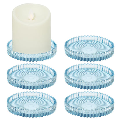 CHOCSTAY Glass Pillar Candle Holder, 4" Blue Candle Plates Set of 6, Glass Candle Holders for Wedding, Party, Holiday, Home Decor, Table Centerpiece
