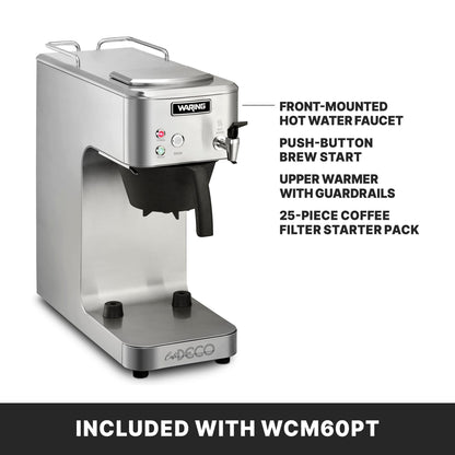Waring Commercial Café Deco Thermal Coffee Brewer, 3.9 Gallons per Hour, Fits Large 64 oz Thermal Carafes, Stainless Steel, Front Mounted Faucet, NSF Certified, WCM60PT