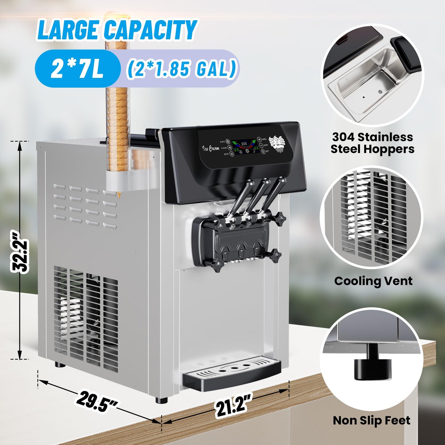 2200W 2+1 Flavor Commercial Soft Ice Cream Maker Machine, 5.8-8 Gal/Hr Countertop Soft Serve Machine with LCD Display, Auto Clean High Productivity for Restaurant