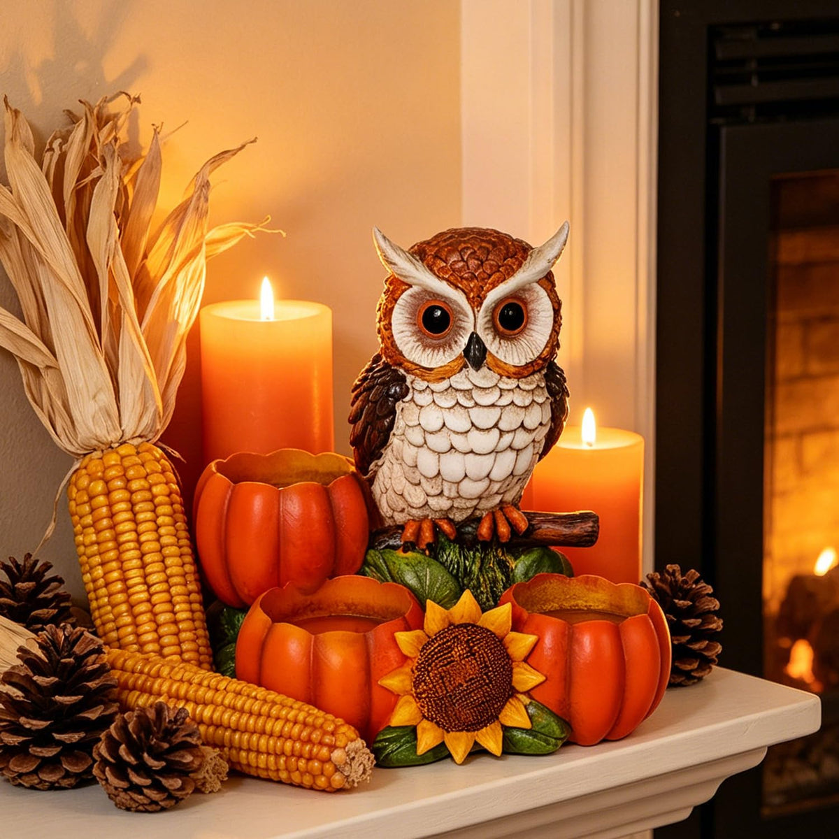 Fall Owl Candle Holder with 3 Pumpkin Tealight Holders & Sunflower, Rustic Owl Statue Thanksgiving Table Centerpieces Autumn Decorative Candle Holders for Home, Farmhouse