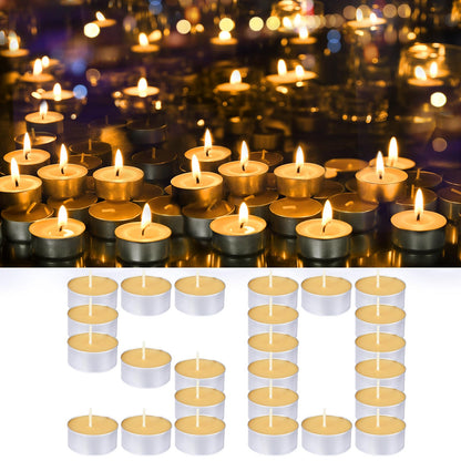 Natural Organic Beeswax Tea Candles in Metal Aluminum Cup - Small Candle Bulk Natural Scent Smokeless 4-5 Hours Long Burning - Yellow, Pack of 50
