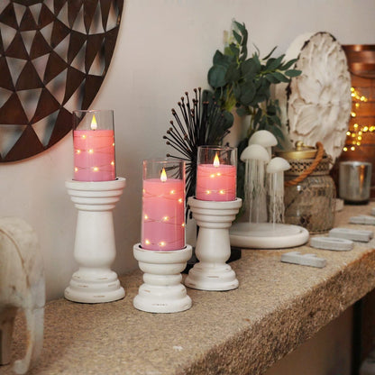 Homemory Flickering Flameless Candles with String Lights, Battery Operated Candles, Embedded String Lights LED Candles, Unbreakable Plexiglass Candle with Remote, Set of 3, Pink