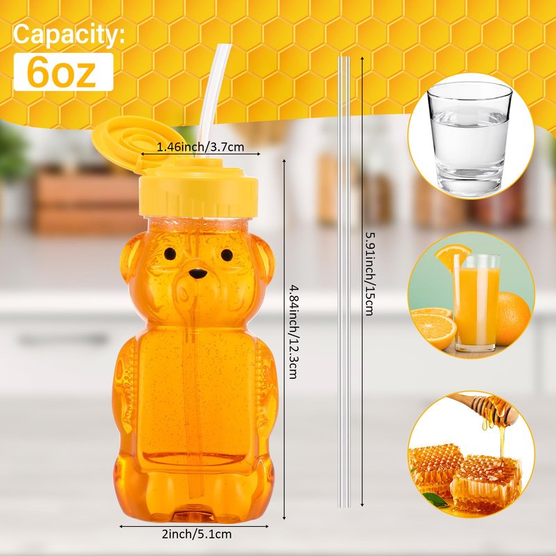 Thenshop 64 Pcs 6 oz Honey Bear Bottle and 64 Pcs Straws Plastic Honey Bear Straw Cup Honeybear Squeeze Jars Cute Empty Bottle for Syrup Sauce Juice Storing and Dispensing