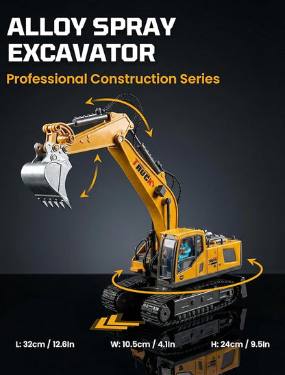 RC Excavator Toy with 4*Battery Set for Boys 11-Channel Remote Control Excavator Alloy Bucket Metal Construction Vehicle with LED Lights Sound and Water Spray Exhaust for Kids