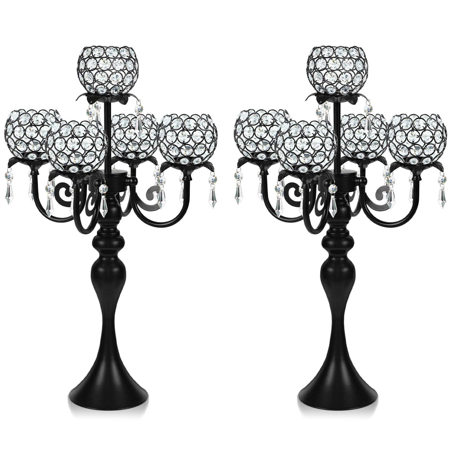 Kehail Crystal Tea Light Candle Holders Set - 14" L x 22.5" H Matte Black Metal & Sparkling Accents, Wedding & Party Centerpiece Decor(2, Black)