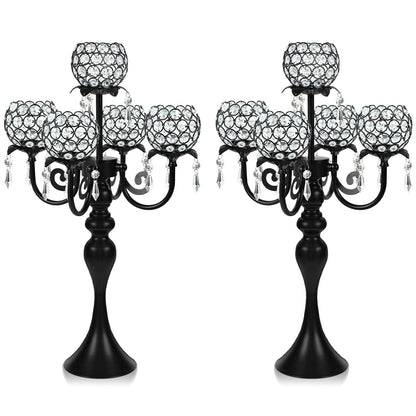 Kehail Crystal Tea Light Candle Holders Set - 14" L x 22.5" H Matte Black Metal & Sparkling Accents, Wedding & Party Centerpiece Decor(2, Black)