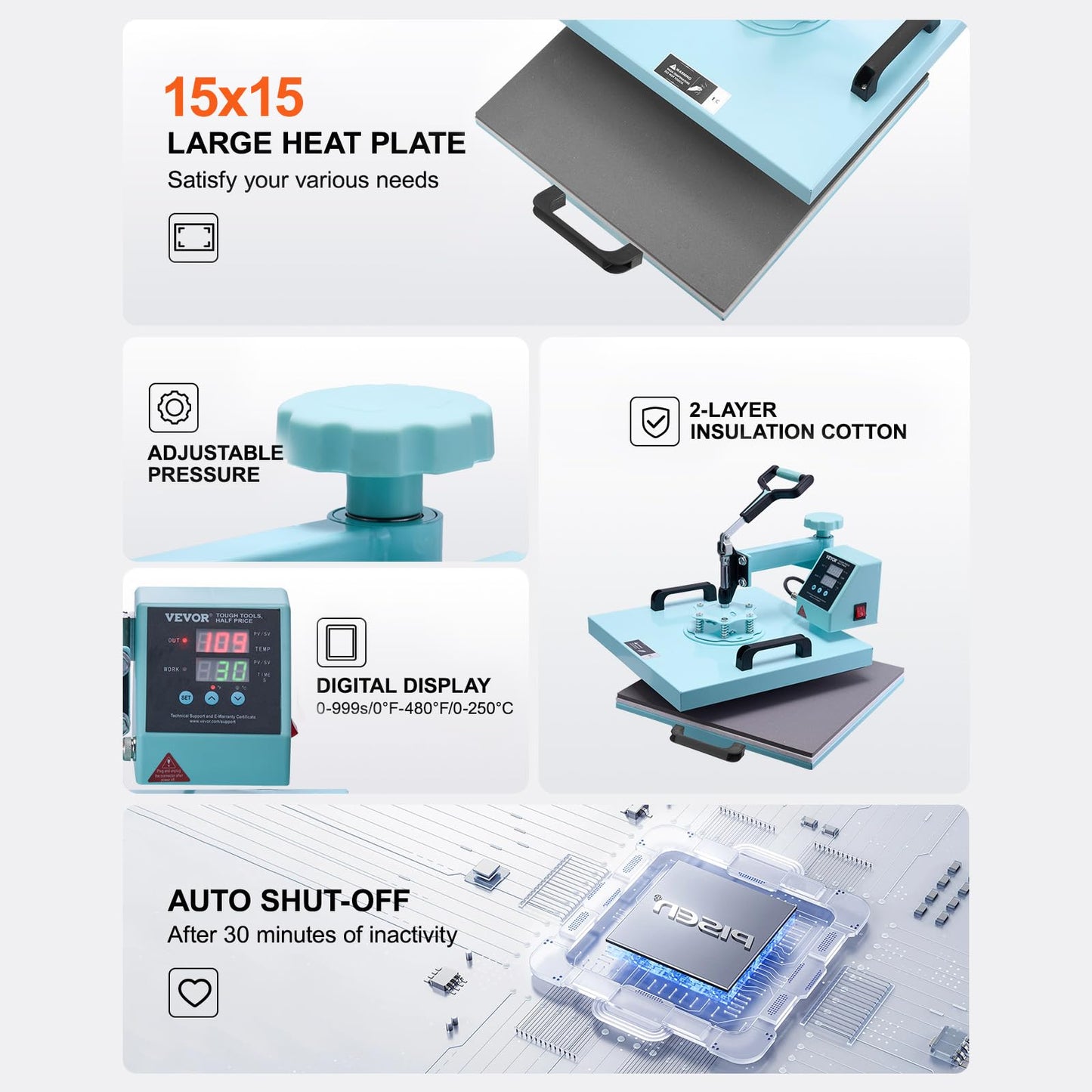 VEVOR Heat Press 15x15 inch, 5 in 1 T-Shirt Cap Hat Mug Press, Combo Tumbler Heat Press for plate Sublimation, Green