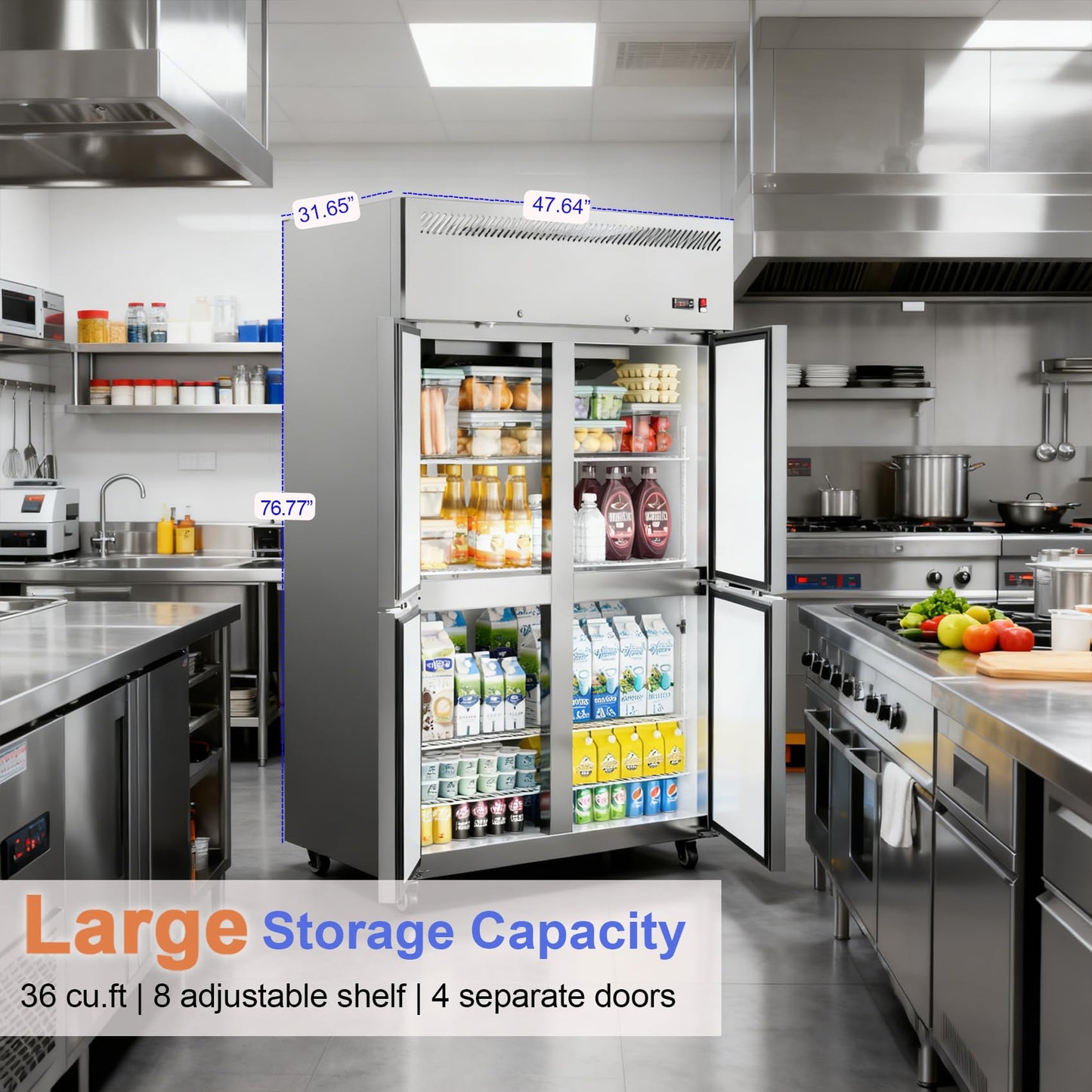 ECEVT 48" W 4 Door Commercial Refrigerator, 36 Cu.ft Stainless Steel Industrial Fridge (32℉~47℉) with 8 Adjustable Shelves, Lockable Door, Wheels, Auto-Defrost for Restaurant, Kitchen, Shop