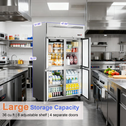 ECEVT 48" W 4 Door Commercial Refrigerator, 36 Cu.ft Stainless Steel Industrial Fridge (32℉~47℉) with 8 Adjustable Shelves, Lockable Door, Wheels, Auto-Defrost for Restaurant, Kitchen, Shop