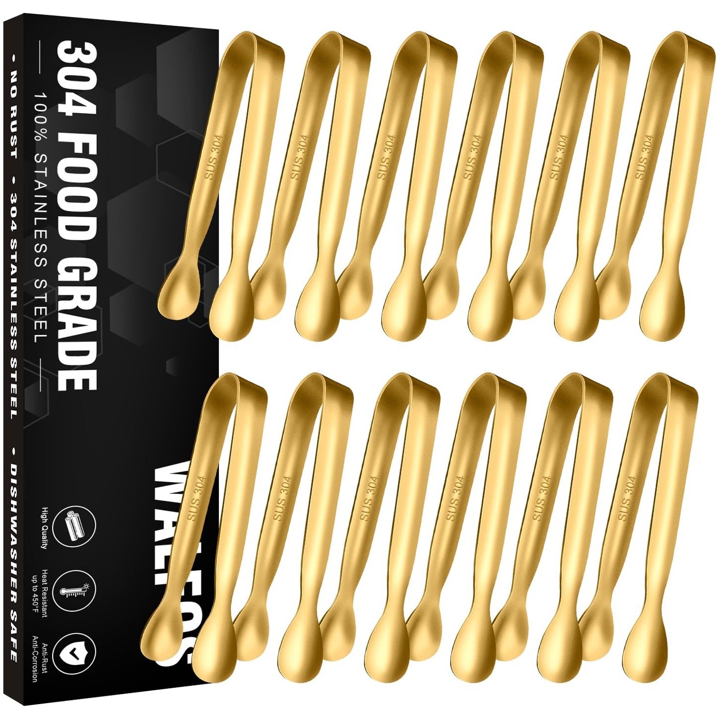 Walfos Small Gold Tongs For Serving,Food Grade Stainless Steel 4" Mini Tongs Appetizers for Parties Catering, Sugar，Desserts，Tea Party, Coffee Bar, Set of 12 （Gold）