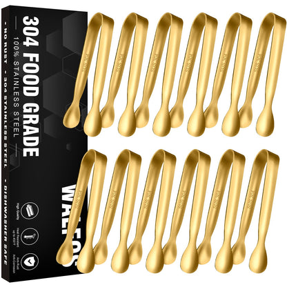 Walfos Small Gold Tongs For Serving,Food Grade Stainless Steel 4" Mini Tongs Appetizers for Parties Catering, Sugar，Desserts，Tea Party, Coffee Bar, Set of 12 （Gold）