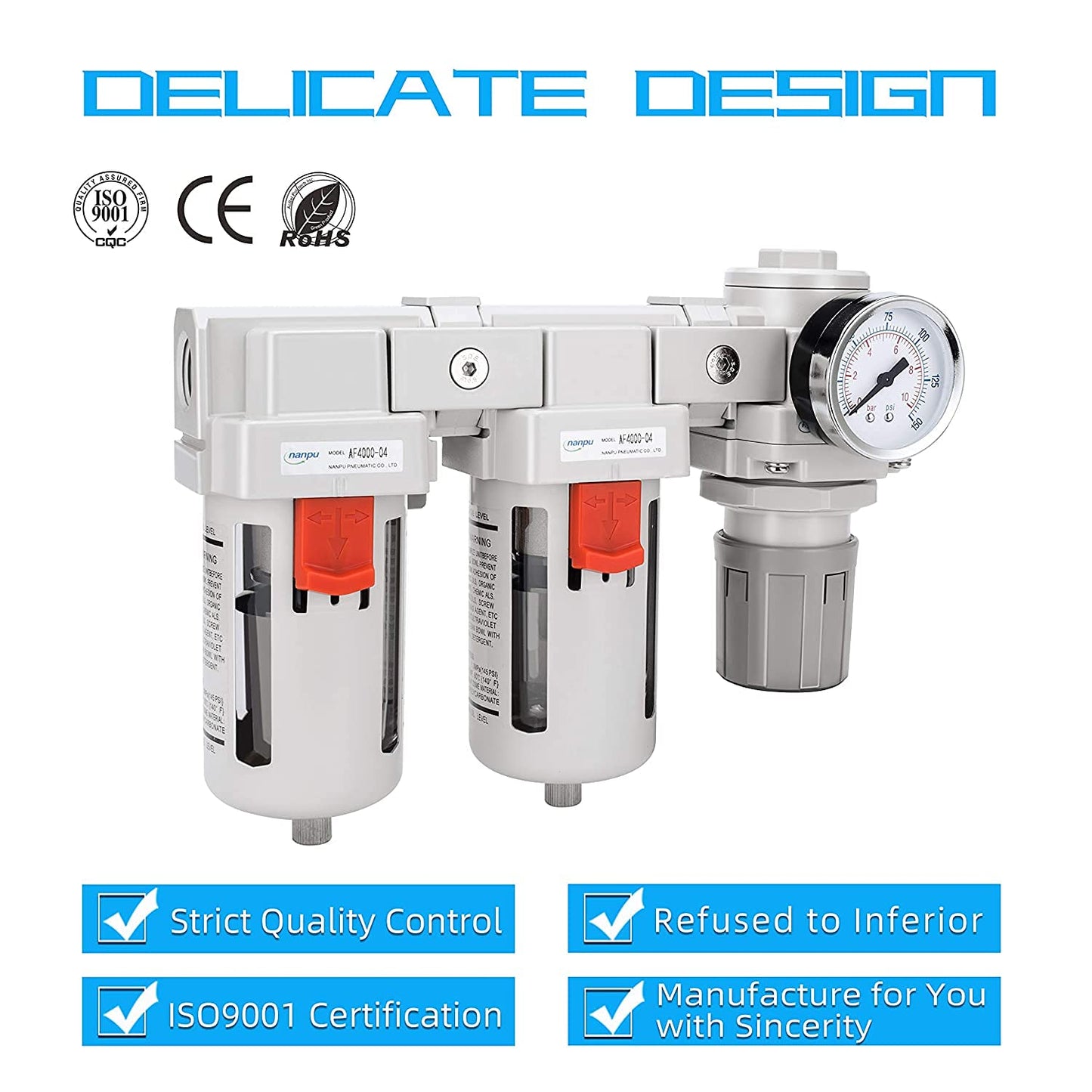 NANPU 1/2" NPT Air Drying System - Double Air Filters, Air Pressure Regulator Combo - Semi-Auto Drain, Poly Bowl