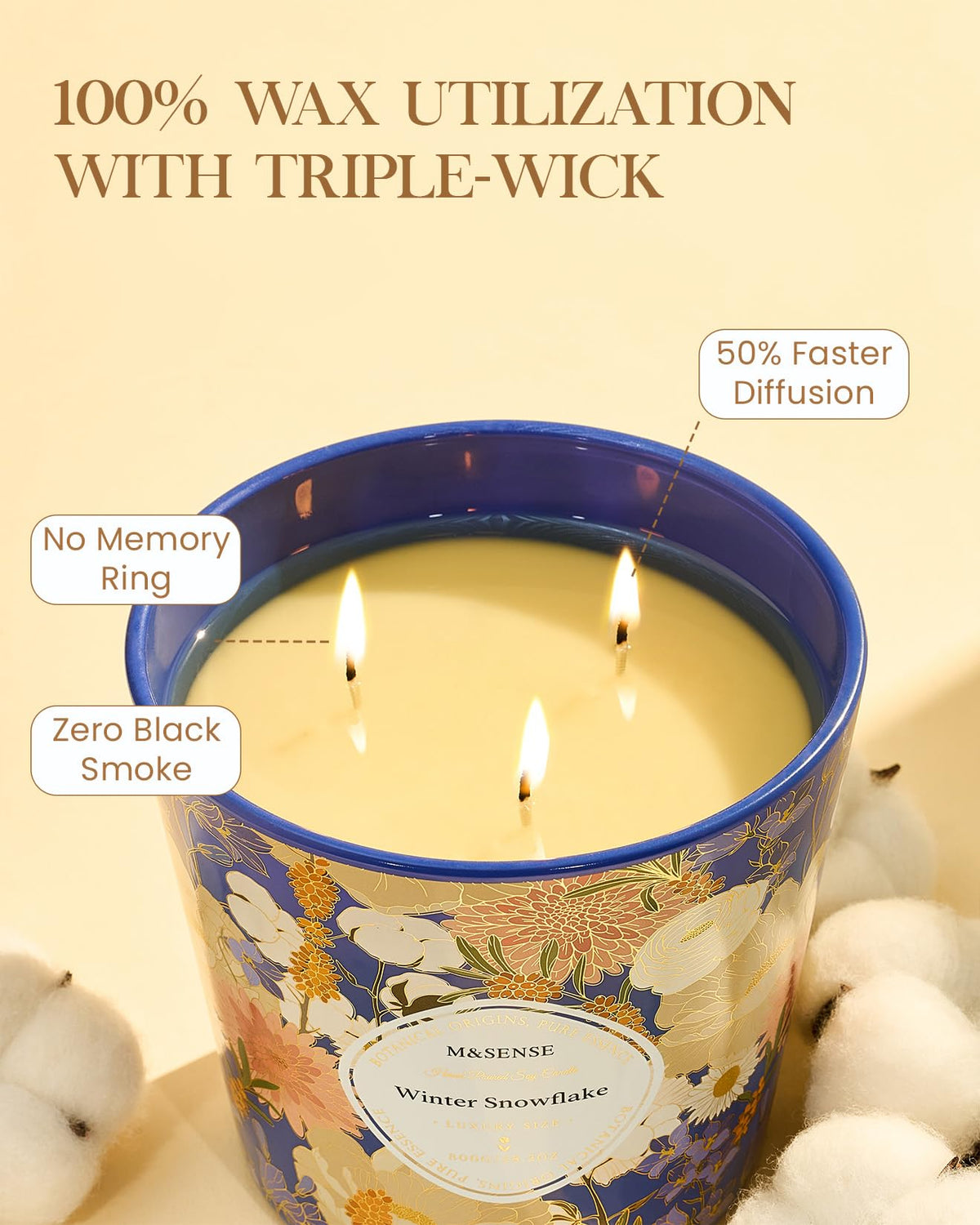M&SENSE Winter Snow Flake Scented Candle, 28.2oz 3 Wick Natural Soy Wax Large Candles, Long Lasting Clean Slow Burning No Toxic Décor for Home Relaxation, Romantic Dates & Gift-Giving