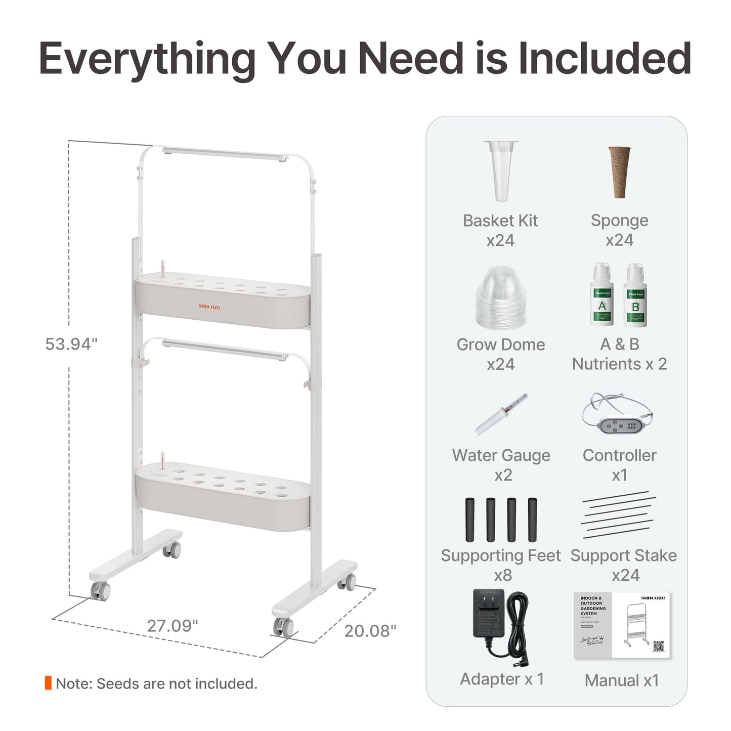 SUNCOZE 2-Tier Hydroponics Growing System Kit with 24 Pods – Full Spectrum Grow Lights, Hydroponic System equipped with smart controller, Indoor Herb Garden Kit for Vegetables, Herbs, Fruits & Flowers