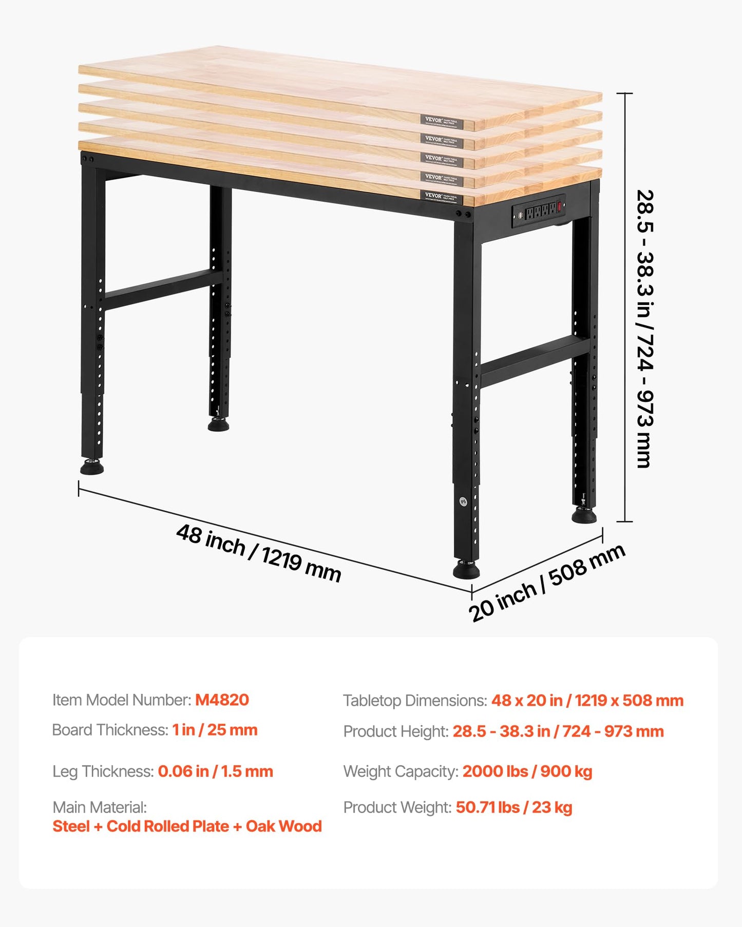 VEVOR Adjustable Workbench, 48 x 20-inch Heavy Duty Work Bench with 28.5-38.3 Inches Height Adjustment, 2000 lbs Capacity Garage Workbench with Power Outlets, Suitable for Office, Garage, Workshop