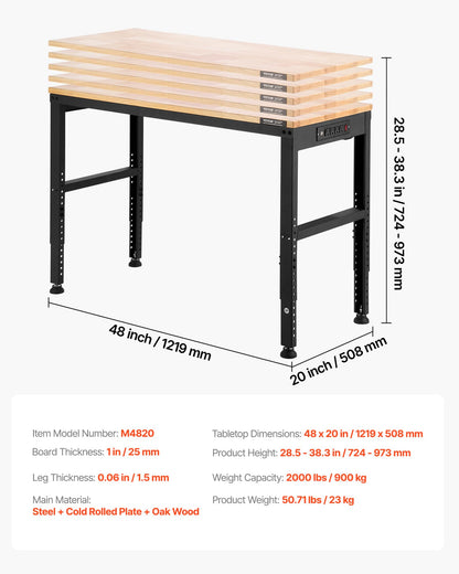 VEVOR Adjustable Workbench, 48 x 20-inch Heavy Duty Work Bench with 28.5-38.3 Inches Height Adjustment, 2000 lbs Capacity Garage Workbench with Power Outlets, Suitable for Office, Garage, Workshop