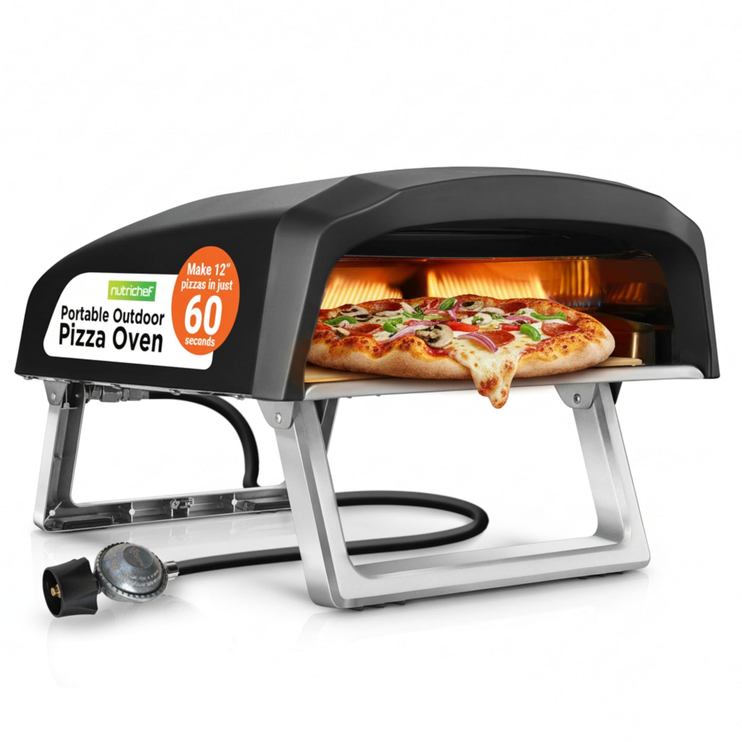 NutriChef Portable Outdoor Gas Pizza Oven - Unique Design, Easy Bake Oven with Pizza Stone, Foldable Feet, One-Touch Gas Ignition, Adjustable Heat Control, Stainless Steel, 932°F Max