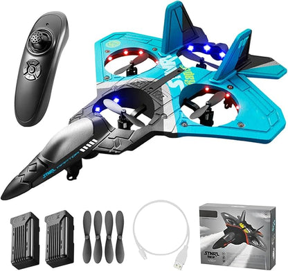 V17 Remote Control Airplane Foam RC Planes for Kids Adults 8-16 RC Fighter Jet Airplane with Light 2 Batteries 360° Flip Fighter Jet Toy Stunt Roll Gifts for Adult Boys (Blue with 2Batteries)