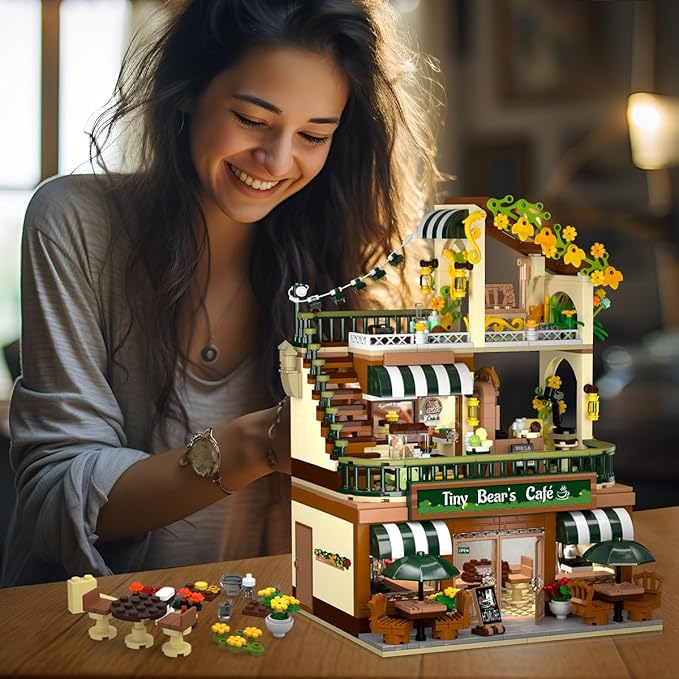 City Coffee House Building Set with Light 1173 PCS Cafe Shop Building Block Toy with Ordering Counter Baking Room House Construction Model Gift for Adults Teens Kids Boys Girls Ages 6-12+