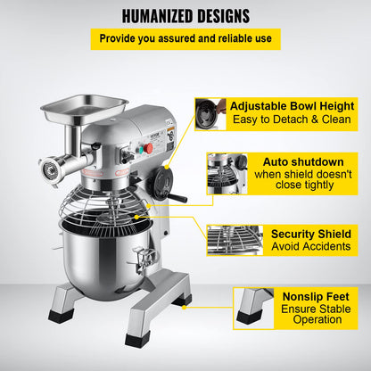 VEVOR Commercial Stand Mixer, 20Qt Stainless Steel Bowl, 1100W 2 in 1 Multifunctional Electric Food Mixer with Meat Grinder & 3 Speeds, Dough Hook Whisk Beater Included, Perfect for Bakery Pizzeria