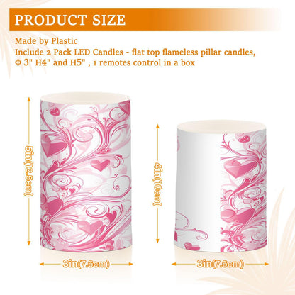 ALAZA Pink Hearts Swirls Flickering Flameless Candles Battery Operated with Remote Timer,Tea Light Candles LED Pillar Votive Candles Set of 2 for Outdoor Indoor Decorations