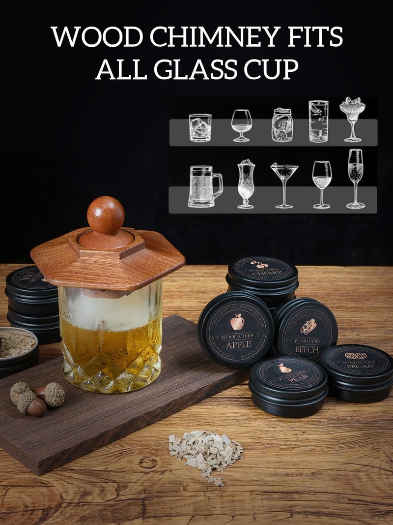 23Pcs Whiskey Cocktail Smoker Kit with Torch, 6 Flavors 12 Packs Wood Chips, Ice Ball Mold, Old Fashioned Drink Smoker, Bourbon Whiskey Gifts for Men, Husband, Dad, Him (No Butane)