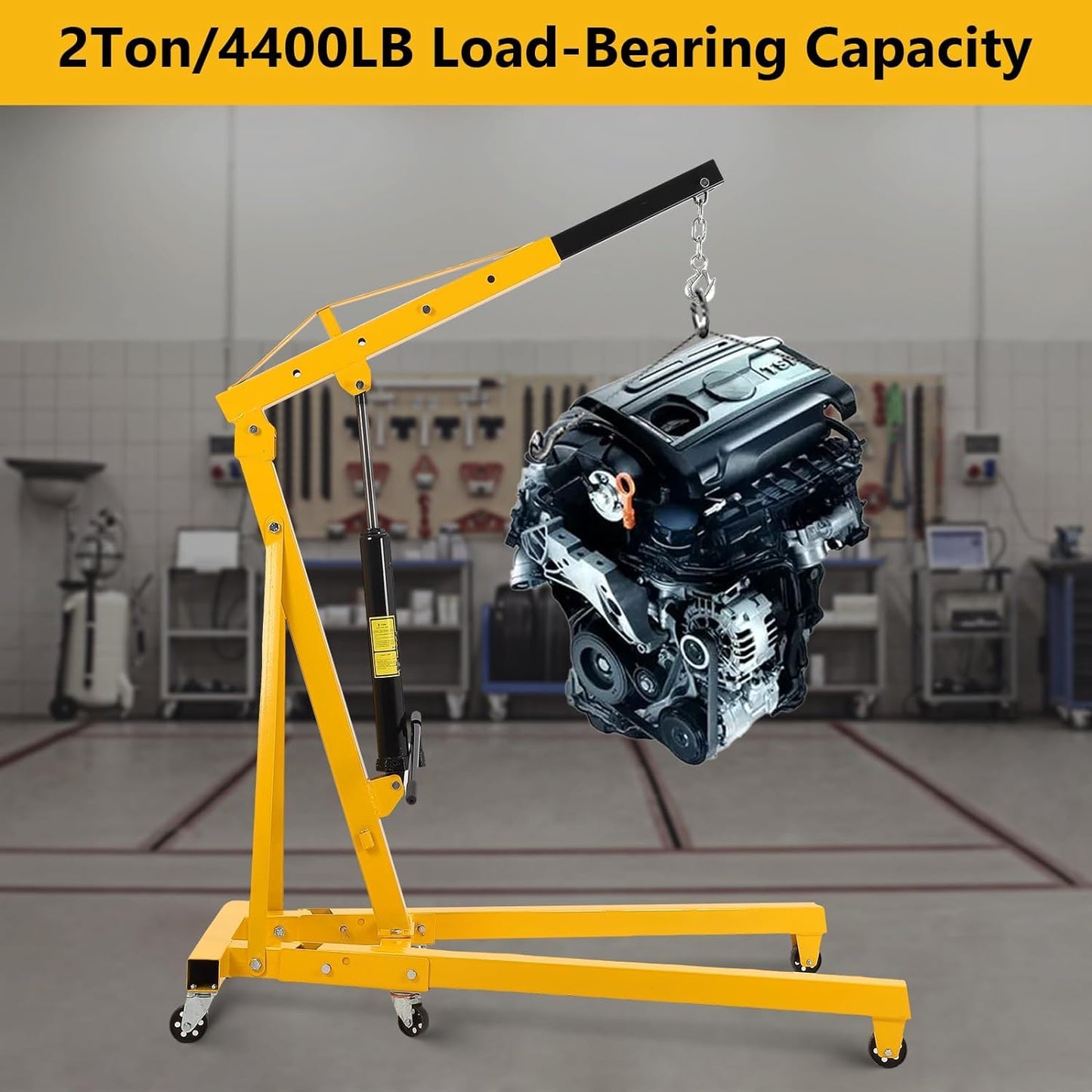 GarveeHome 2 Ton Cherry Picker Engine Hoist, Heavy Duty Folding Hydraulic Crane with 6 Casters & Lever for Auto Repair, Garage & Workshop, Yellow