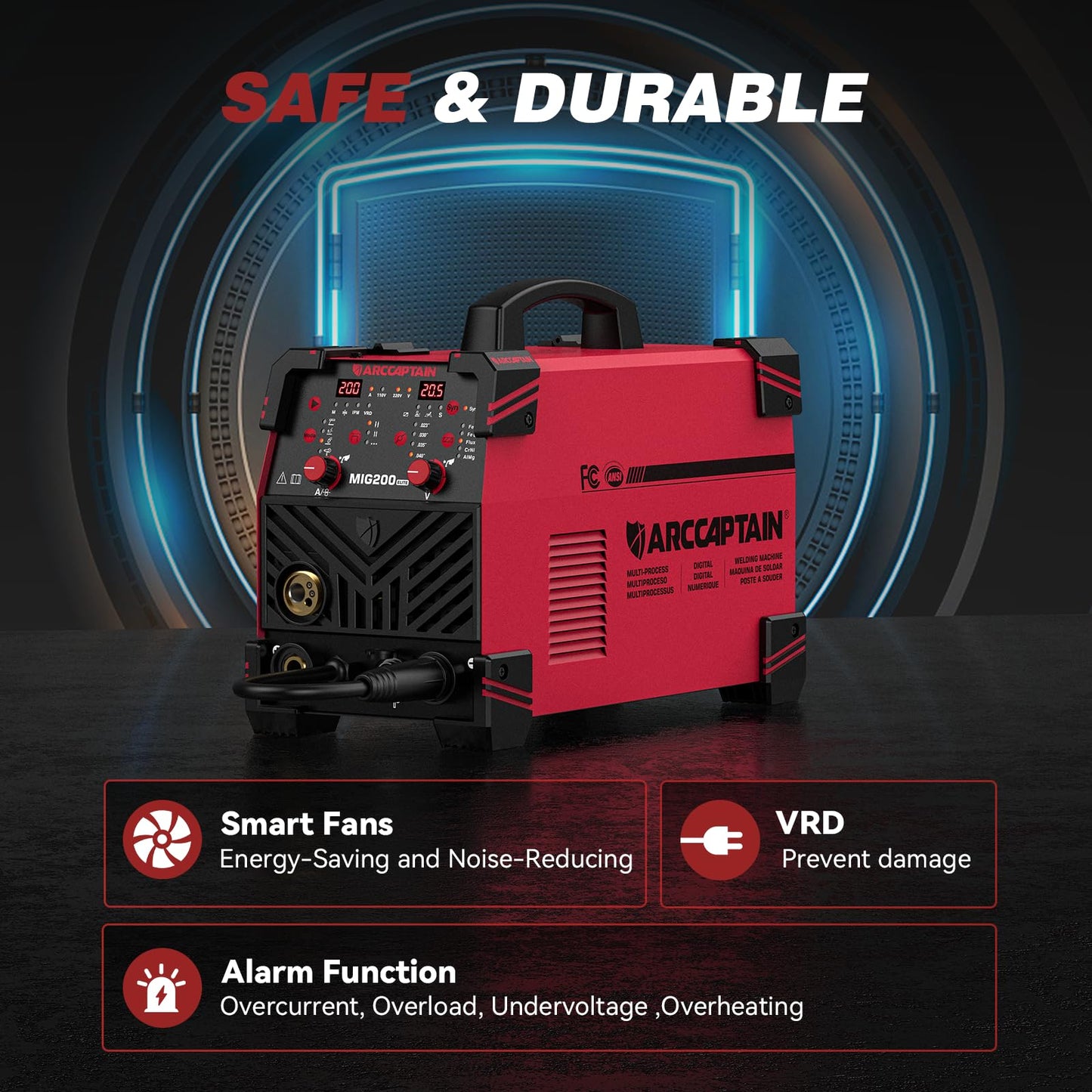 ARCCAPTAIN MIG Welder 200A, Upgraded 6 IN 1 Welding Machine 110V/220V Flux Core MIG/Gas MIG/Lift TIG/Stick Welding/Spool Gun MIG/Spot Multiprocess Welder with Synergy, Burn Back Adjustment, Inductance