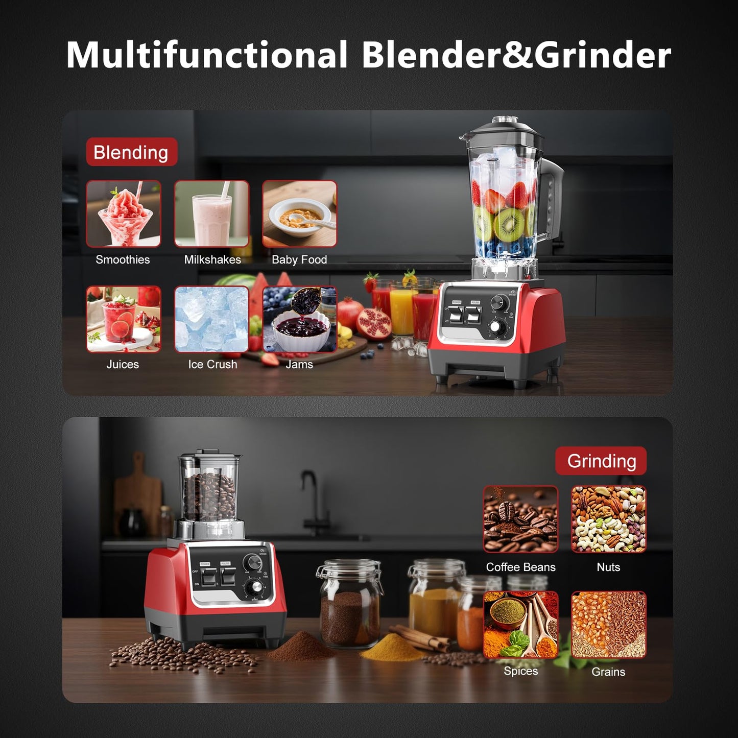H-Duka 1800W Blender for Smoothies, 70oz Pitcher & 20oz Grinder, 28000 RPM High Speed Countertop Blender for Kitchen for Ice Crushing, Frozen Fruits & Nut Butter, 1-5 Min Timer, Multiple Speeds
