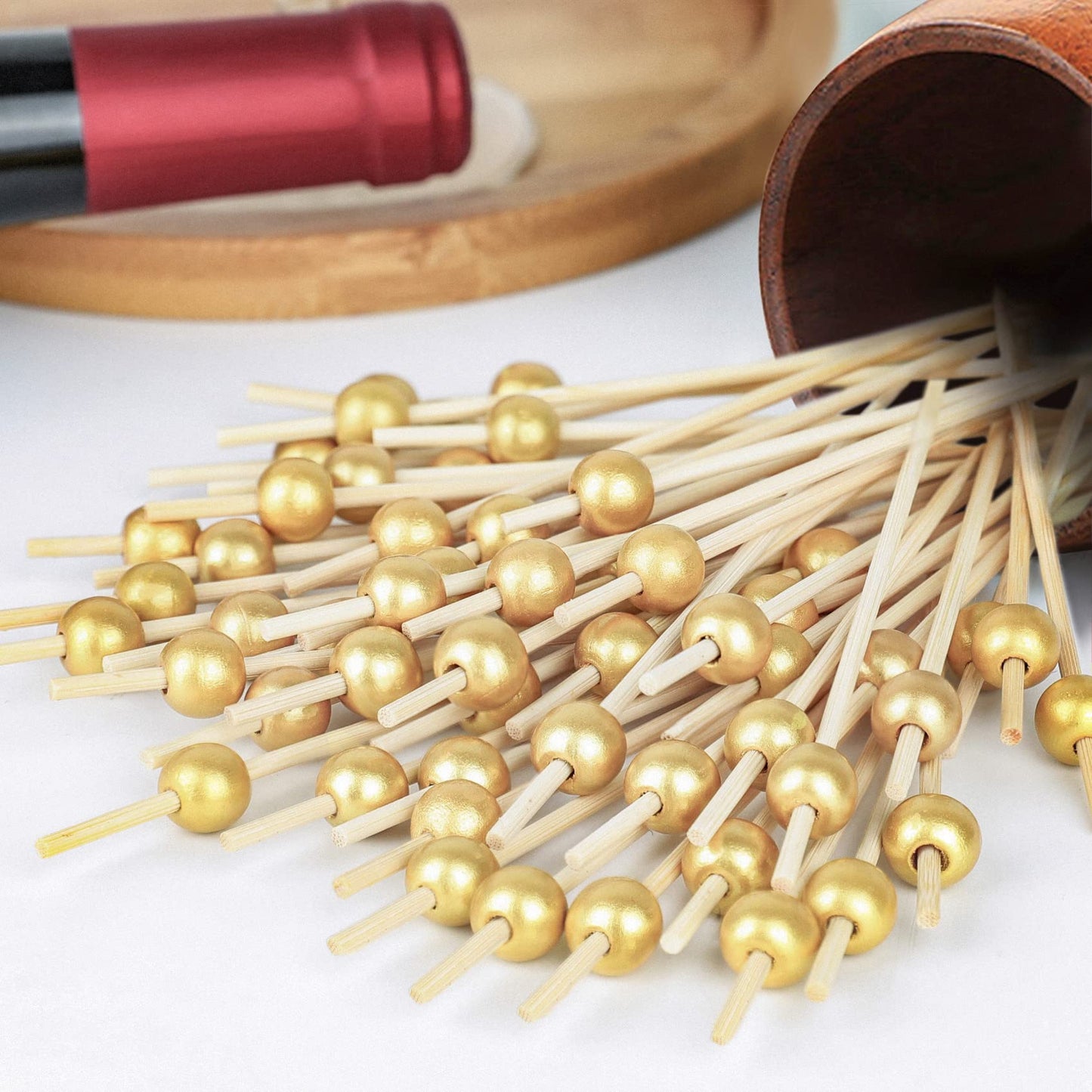 200PCS Cocktail Picks, Fancy Toothpicks for Appetizers, Decorative Bamboo Skewers for Appetizers Drinks Fruit, 4.7 Inch Long Wooden Gold Pearl Food Sticks Charcuterie Boards Accessories Party Supplies