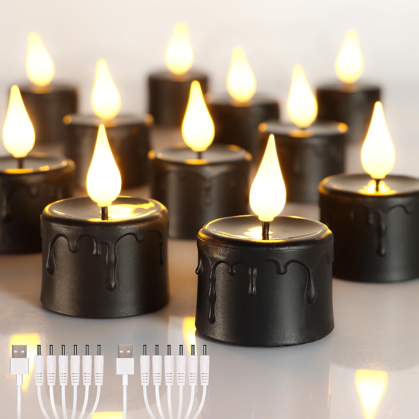 yunsheng 12PCS Black Rechargeable LED Tea Lights Candles with 6H Timer, Halloween Melting Flameless Flickering Candle, Warm White Electric Fake Candles with 2USB Charging Cable, Holiday Home Decor