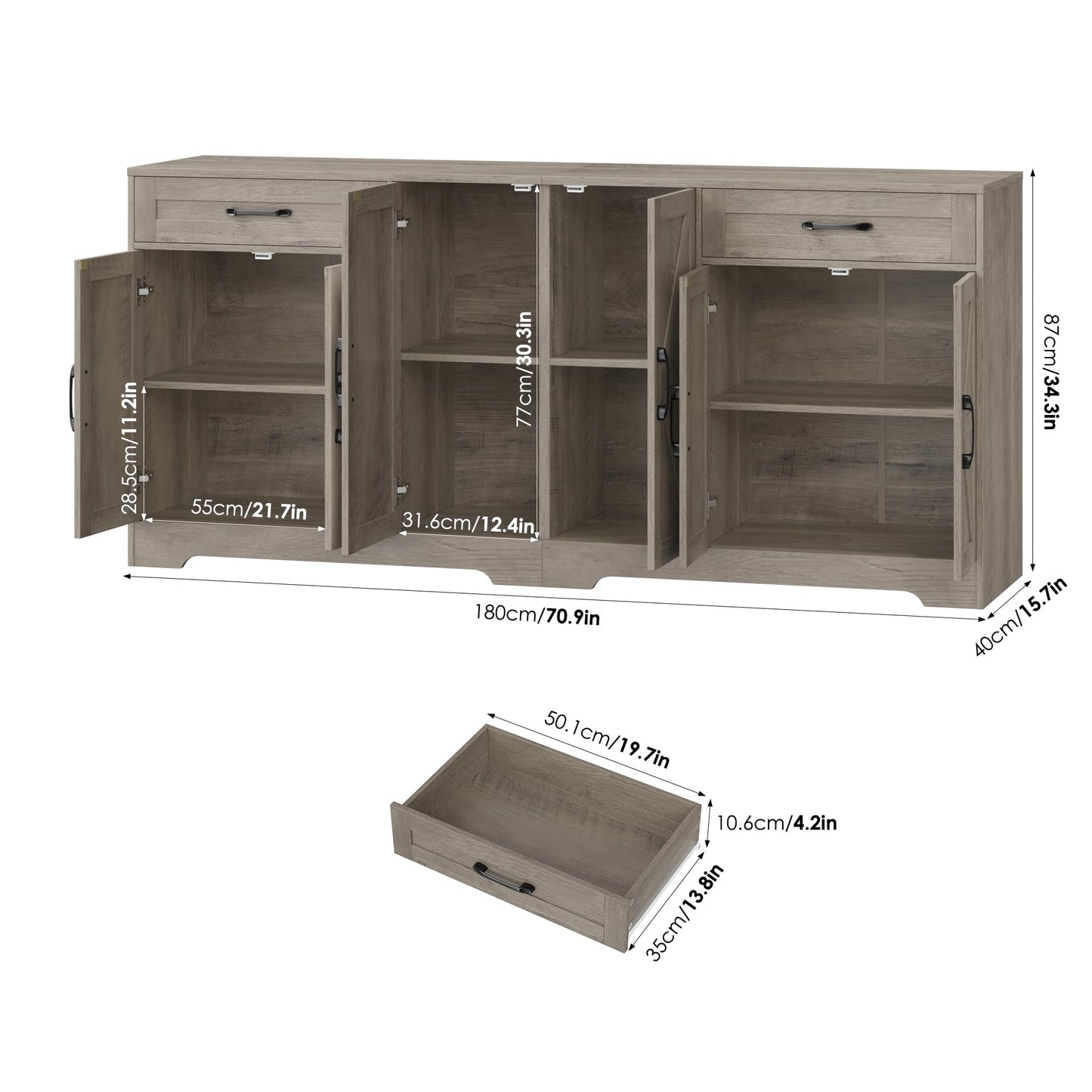 BOTLOG 71” Large Sideboard Buffet Cabinet with Storage, Farmhouse Kitchen Buffet Cabinet with Adjustable Shelves and 6 Barn Doors, Wood Coffee Wine Bar Console Table, White, Ash Grey (Ash Grey)