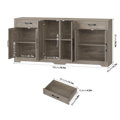 BOTLOG 71” Large Sideboard Buffet Cabinet with Storage, Farmhouse Kitchen Buffet Cabinet with Adjustable Shelves and 6 Barn Doors, Wood Coffee Wine Bar Console Table, White, Ash Grey (Ash Grey)