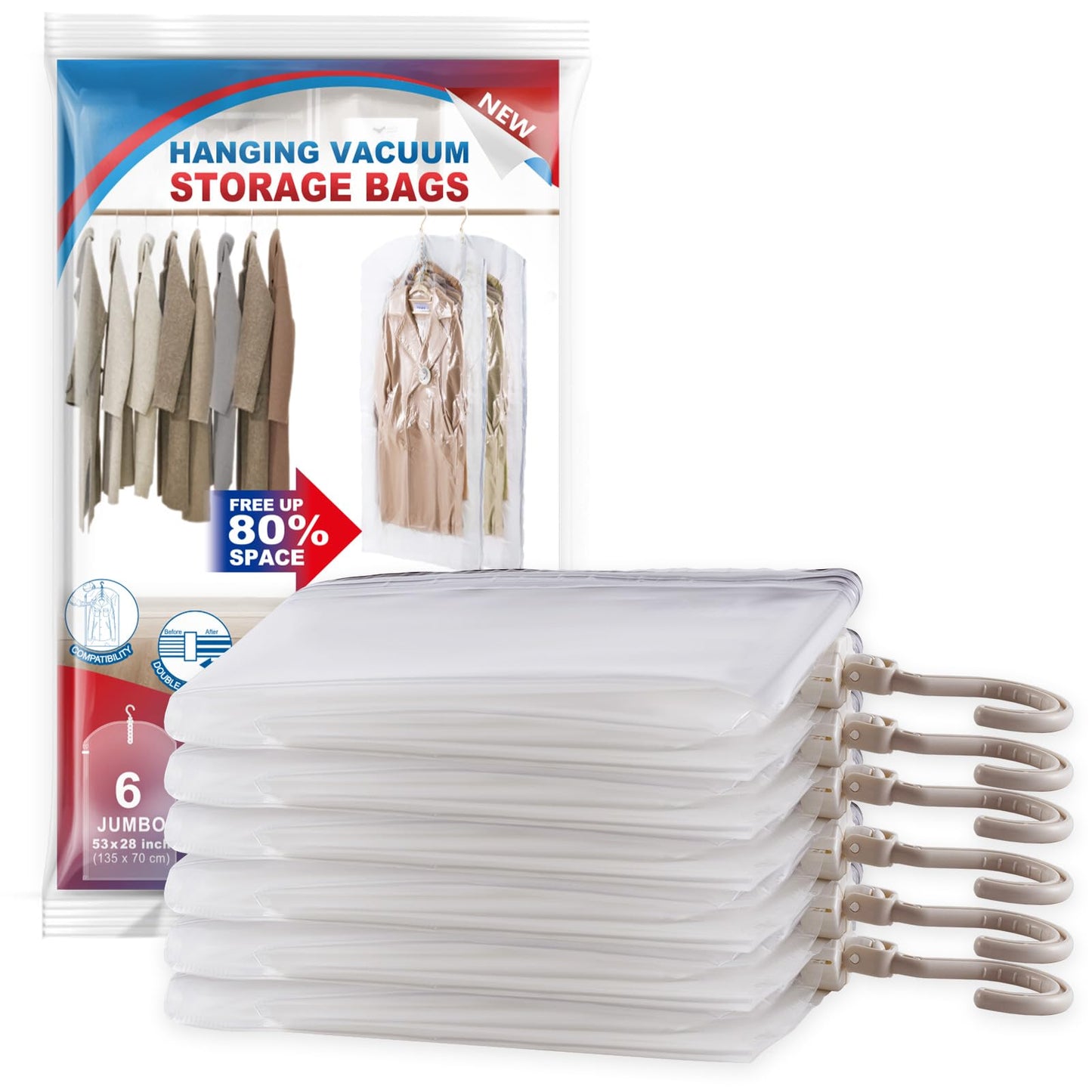 Hanging Vacuum Storage Bags, 6 Pack Large Hanging Vacuum Seal Bags for Clothing, Space Saver for Clothes, Suits, Dress, Jackets, Closet Organizer for Moving Supplies(53.1x27.6 in)
