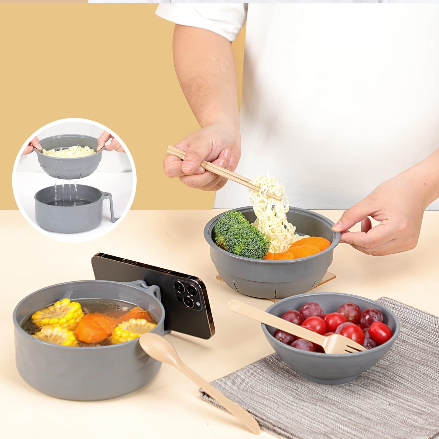 RORBAM Microwave Ramen Cooker,Ramen Bowl With Chopsticks and Spoon,For Office College Dorm Room Essentials Instant Lunch Ideal for Shin and Buldak Noodle On The Go, Dishwasher-Safe,BPA-Free. (gray)