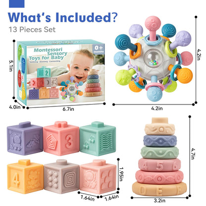 Baby Sensory Teething Toys Set, Montessori Baby Toys 6-12 Months, Incl Newborn Rattle Teether & Baby Blocks & Soft Stacking Rings, Ideal Babies Boy Girl Gifts, Infant Toys 0-3-6-9-12-18 Month
