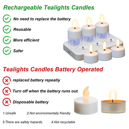 Lasumora Rechargeable Tea Lights Candles with Charging Base, 6pcs Battery Operated LED Flameless Candles with Remote & Timer, Flickering Tea Lights for Halloween Wedding and Home Decor Φ1.57 H1.85