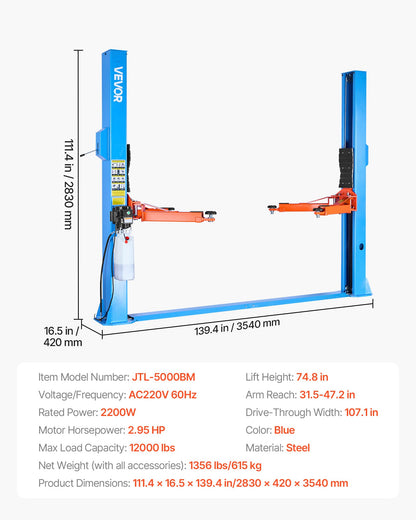 VEVOR 2 Post Car Lift 12000Lbs Capacity, 2.95HP Powerful Motor Auto Hoist, 220V Two Post Lift for Sedan SUV Pickup Truck, 74.8 Inch Height Automotive Lift for Home Garage Repair Workshop