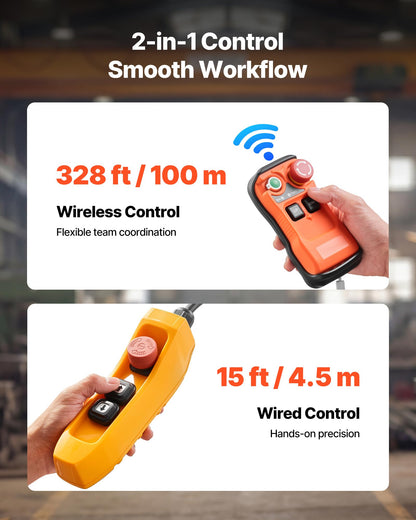 VEVOR 1100 lbs Electric Chain Hoist, 20ft Lifting Height, 120V 60Hz Single Phase Overhead Crane w/ 328ft Wireless & 15ft Wired Remote Control, Power Electric Hoist for Factories, Warehouses, Garages