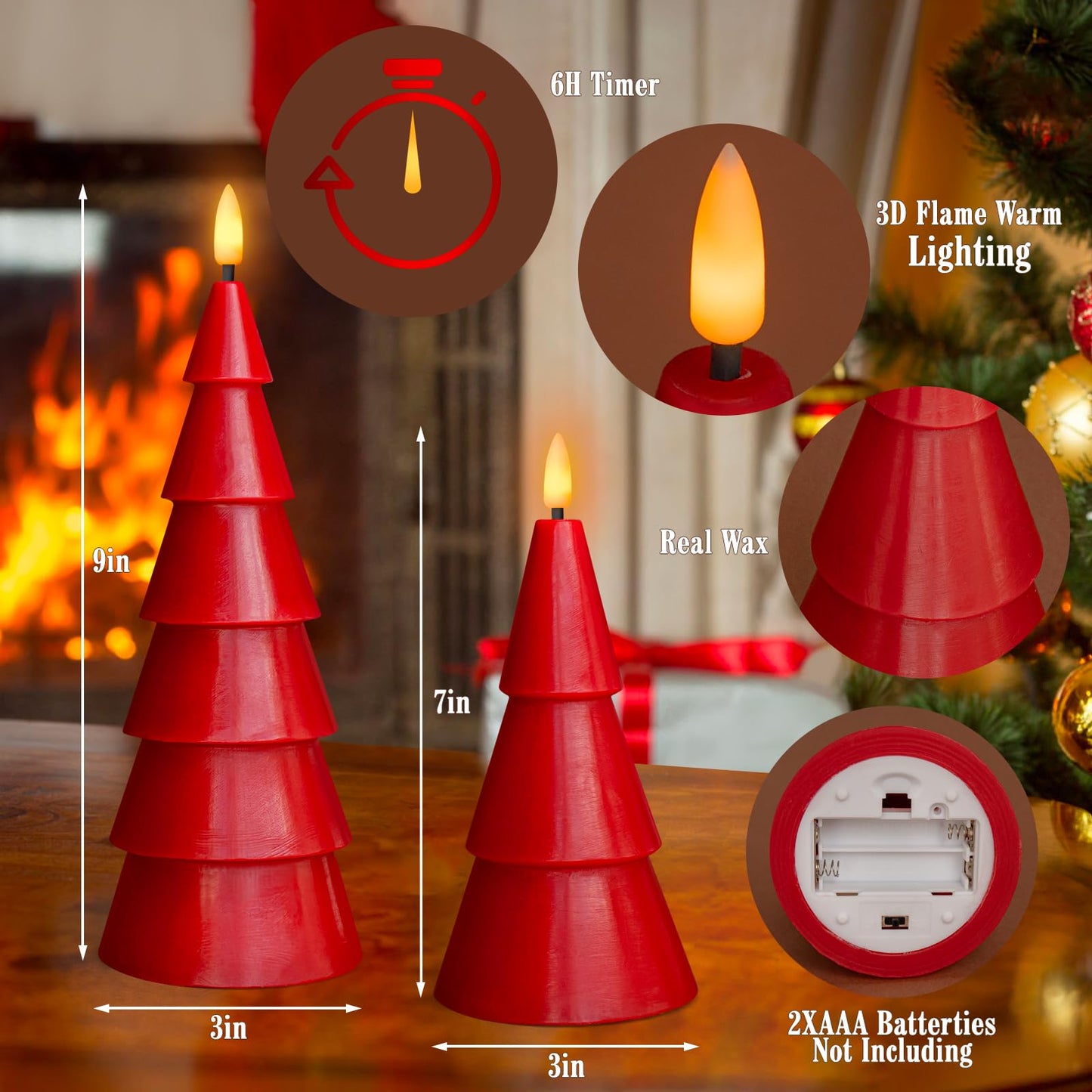 Yongmao Christmas Tree Shaped Flickering Flameless Candles Set of 2, Gold Holiday Decor, Real Wax Battery Operated LED Candles with Timer for Christmas Home Party Decoration