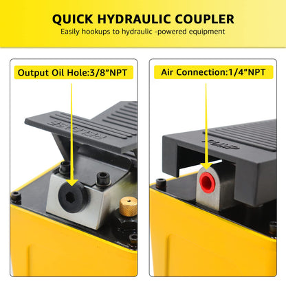 BESTOOL Air Hydraulic Pump, 10,000 PSI 1/2 Gal Reservoir, NPT 3/8" Oil Outlet, 2PCS Quick Connector, Foot Actuated Hydraulic Pump Air Treadle for Auto Body Frame Machines and Pulling Post, Yellow