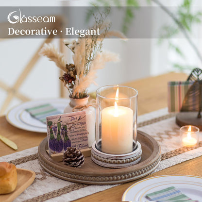 Glasseam Glass Hurricane Candle Holder, Decorative Candle Holders for Pillar Candles, Boho Candle Holders for Table Centerpiece, Glass Cylinder With Wood Beaded Candle Plate for Dining Room Decoration